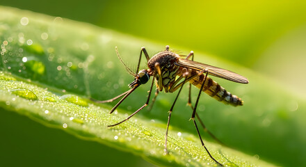 Naklejka premium Menacing mosquito rests on a vibrant green leaf glistening with morning dew, a close up shot of a dangerous insect that causes disease and discomfort