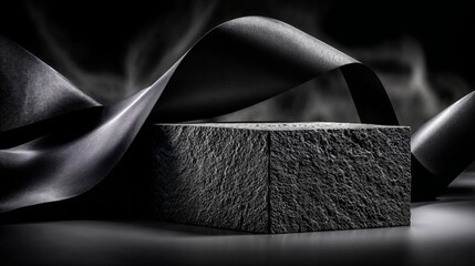 Dark stone pedestal with flowing black ribbon
