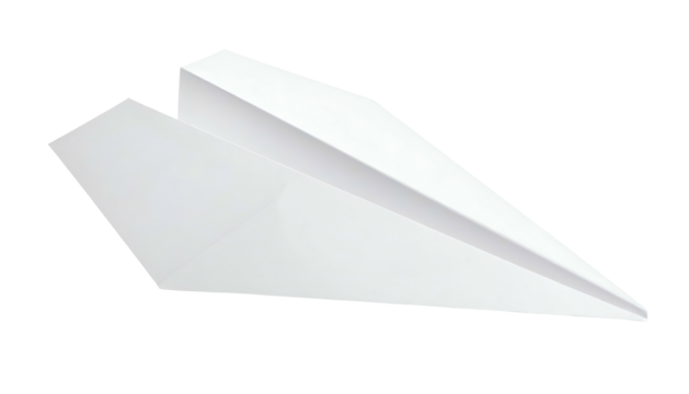 A pristine white paper airplane, angled, against a black backdrop