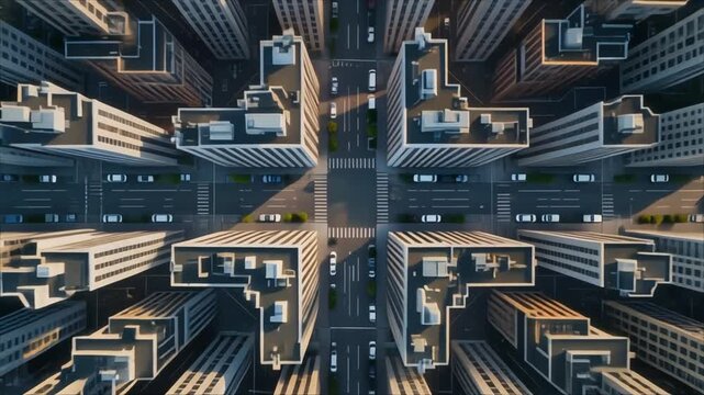 Aerial View of a Dense Urban Cityscape with Tall Buildings and Streets Keywords: aerial view, city, cityscape, urban, metropolis