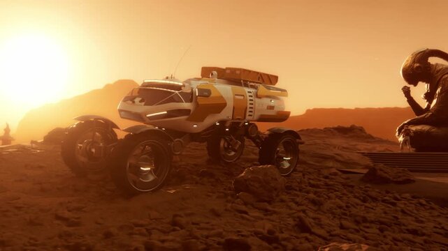 A high-tech, multi-wheeled planetary rover sits on a rocky, desolate ridge of a desert planet,  statue of an extraterrestrial figure on background.
