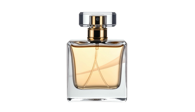 Square glass bottle filled with amber liquid, clear cap