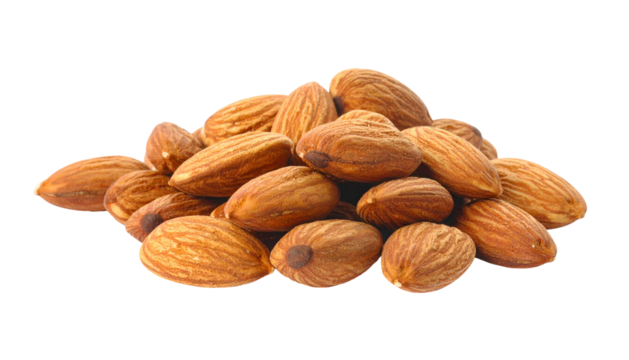 Heap of tan, oblong almonds; food texture details