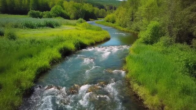 Aerial View of a Rushing River Through a Lush Green Forest with Tall Grass stream water