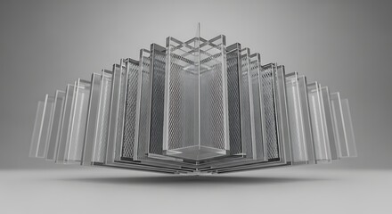 Abstract Geometric Structure with Metal Mesh and Glass Panels in Gray Tones.