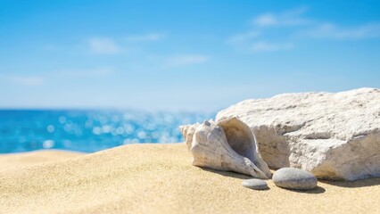 Seashell and rocks on sand with ocean view under a clear blue sky on a sunny day at the beach
