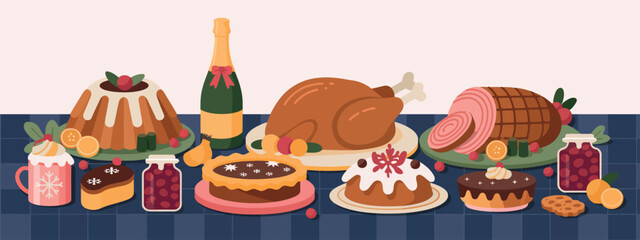 Obraz premium Christmas dishes on holiday table with traditional winter feast. Traditional food, served meals, drinks for winter feast. Xmas dinner with roasted turkey, ribs, pudding, cake, bakery, champagne.