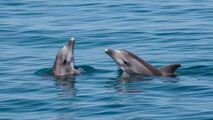 A pair of dolphins swimming playfully near the water&rsquo;s surface in a calm, clear blue ocean.