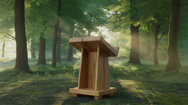 Wooden podium stands in sunlit forest clearing with dappled light lectern