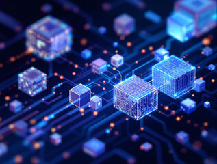 Digital Blueprint: An intricate digital circuit board showcases glowing blue blocks, symbolizing interconnected data streams and the intricacies of technological advancements. 