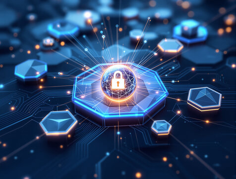 Digital Fortress: A vibrant digital representation of a secure network, showcasing a glowing padlock symbol at the heart of interconnected circuit.