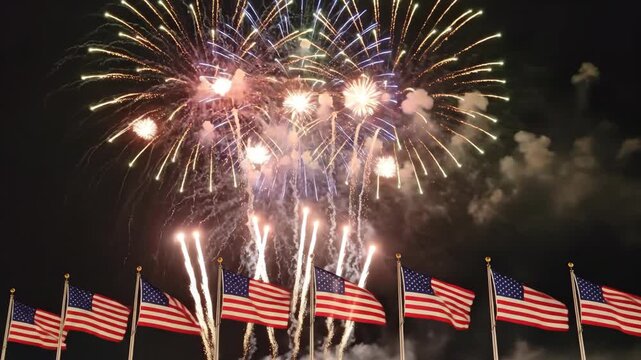 Spectacular fireworks illuminate night sky above flag display. celebrating unity and patriotism with vibrant colors.