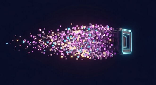 Vibrant Cascade of Luminous Cubes Flowing from a Futuristic Neon Portal.