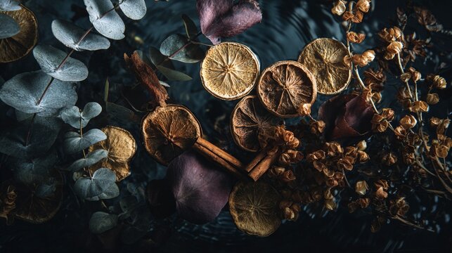 Dried citrus and botanicals on dark background - Powered by Adobe