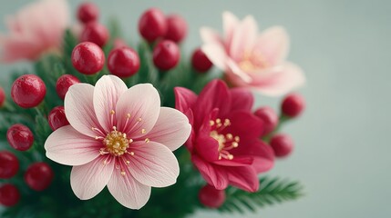 Fototapeta premium A bouquet of pink flowers with red berries