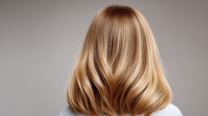 Fototapeta premium A woman with long blonde hair is standing in front of a gray background