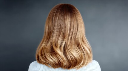 Fototapeta premium A woman with long blonde hair is standing in front of a grey wall