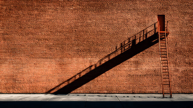 A long brick wall section with a single elevated fire escape ladder casting dramatic stretched shadows across the ground