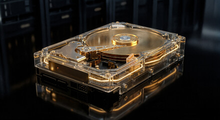 Transparent Futuristic Hard Drive with Golden Components on Black Background