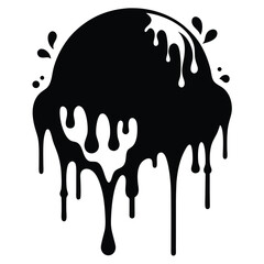 Dripping black sphere with splashes creates a modern, abstract aesthetic on a white backdrop