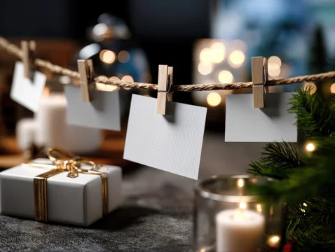 Holiday Cards Clipped on Decorative Twine