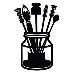 Several brushes and tools are displayed inside a mason jar in a dark monochrome style