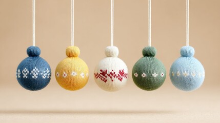 A group of knitted Christmas ornaments hanging from a string