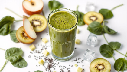 Green Detox Smoothie with Fresh Ingredients on White Background