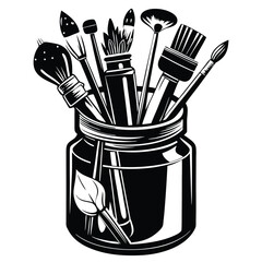Monochrome jar showcasing numerous artist paintbrushes with a leaf displayed prominently on its side