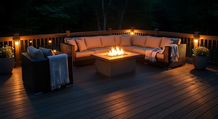Outdoor deck with cozy seating arrangement around a central fire pit at night