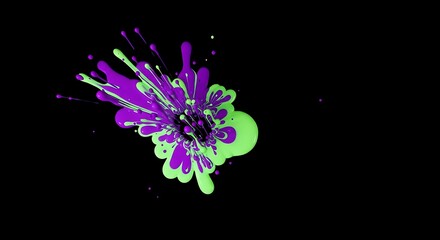 Dynamic Neon Purple Green Paint Burst on Black Vibrant Liquid Splash Art.
