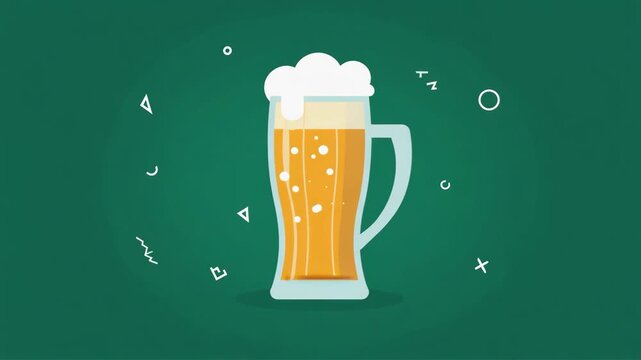 Flat Vector Illustration of Beer Mug with Foam and Abstract Geometric Shapes on Green Background