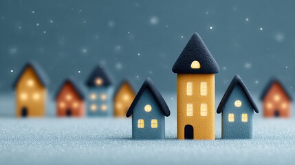 A row of houses with a large blue house in the middle