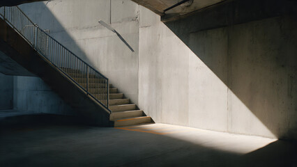 Obraz premium A minimal stair-access corner inside a parking structure featuring concrete textures and soft angled shadows