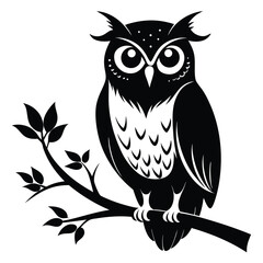 Black owl perched calmly upon a leafy branch in detailed monochromatic vector