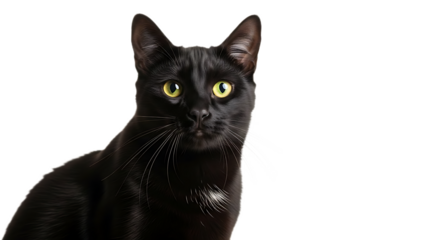 A sleek black cat with piercing yellow eyes poses against a stark black background in a studio setting