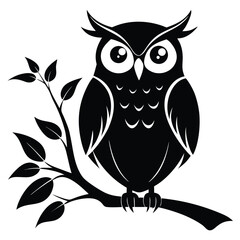 Black silhouette of an owl perched on a branch with leaves