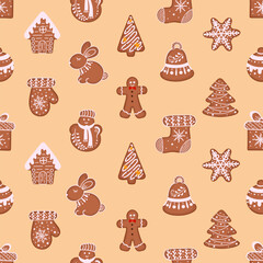 Gingerbreads seamless pattern on colored background. Vector Illustration for printing, backgrounds and packaging. Image can be used for cards, posters and textile. Isolated on colored background.