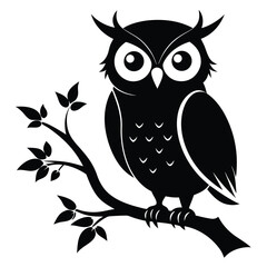 Solitary silhouette of an owl peacefully resting on a leafy branch in stark black