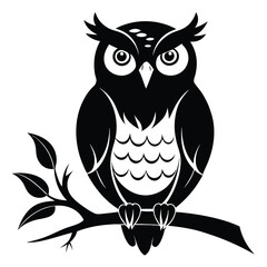 Bold monochrome owl perches silently on leafy branch, its intense gaze captivating the viewer