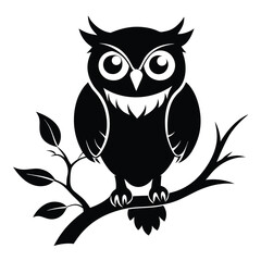 Black owl silhouette sits serenely on a tree branch with leaves peacefully