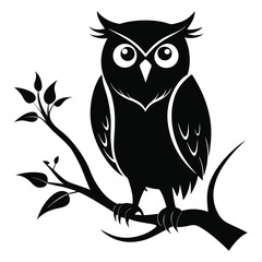 Black owl with pointed ears is perched on a leafy branch calmly