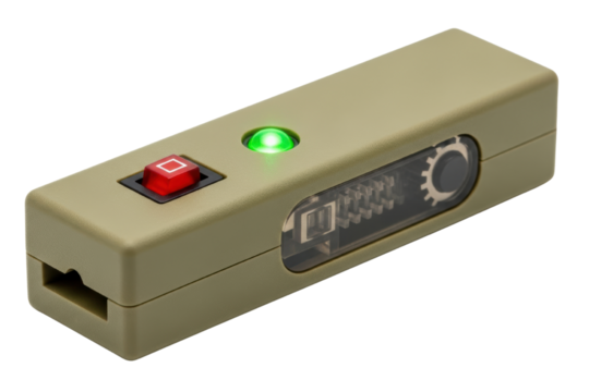 Grey electronic device with red switch and glowing green light isolated on transparent background
