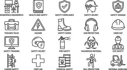 Occupational Health and Safety Outline Icons Set PPE, Fire, Chemical, Ladder, Safety Training, Hard Hat, First Aid, and Site Compliance Vector Illustration.