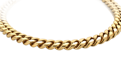 A close-up view of a luxurious gold curb chain necklace, showcasing its polished, interlocking links and heavy form on an isolated white background