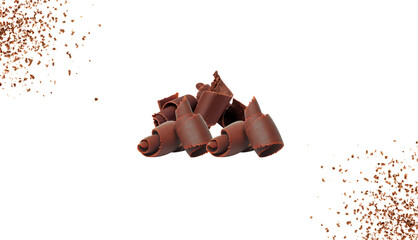 Premium Cocoa Powder & Chocolate Curls - Dessert Ingredient Set - on Transparent Background. Great for dessert branding, chocolate packaging, recipe books, bakery visuals, and culinary advertising.  