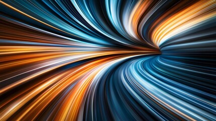 The image features a dynamic abstract tunnel with converging lines in vivid tones of blue and amber, creating a focal point that is visually compelling and modern.