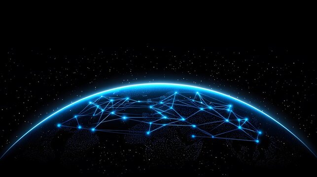 The image depicts a blue, glowing planet set against a dark backdrop filled with stars, overlaid with a network of glowing lines suggesting global connections.