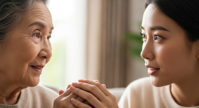 Caring daughter holding hands with her senior mother. - Powered by Adobe