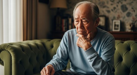 Elderly Asian man sitting on sofa looking pensive.